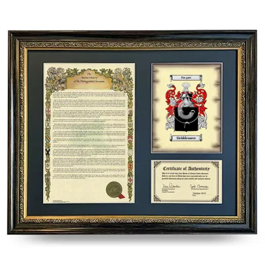Sickklemere Framed Surname History and Coat of Arms- Heirloom