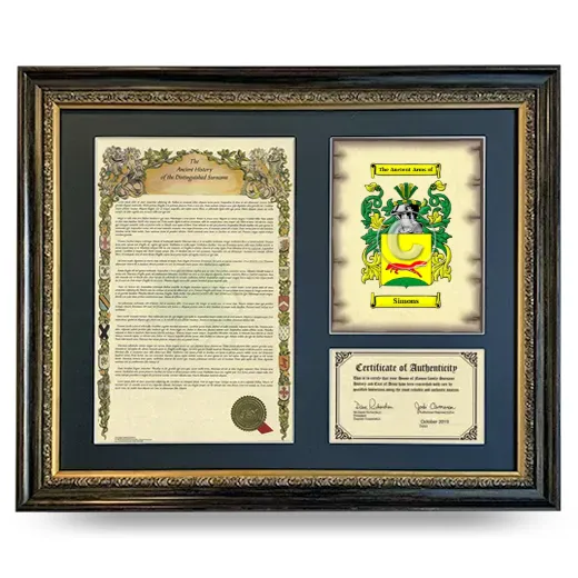Simons Framed Surname History and Coat of Arms- Heirloom