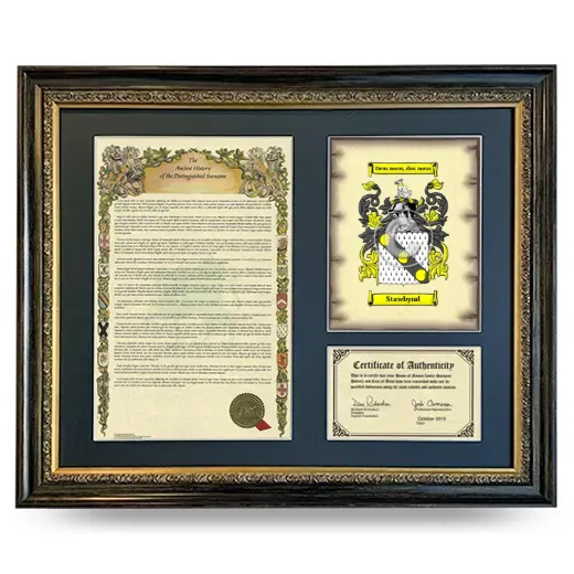 Stawbynd Framed Surname History and Coat of Arms- Heirloom