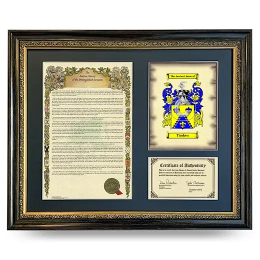Timken Framed Surname History and Coat of Arms- Heirloom