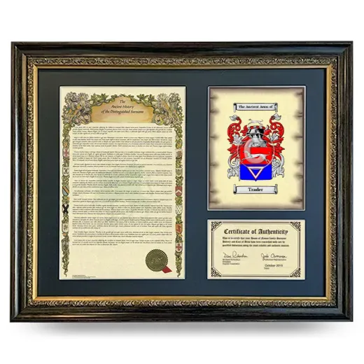 Trader Framed Surname History and Coat of Arms- Heirloom
