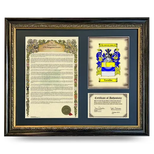Traveller Framed Surname History and Coat of Arms- Heirloom