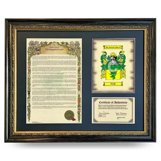 Trick Framed Surname History and Coat of Arms- Heirloom