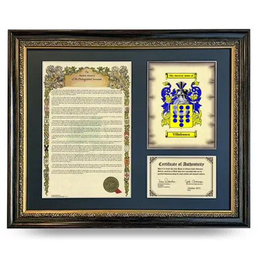 Villafranca Framed Surname History and Coat of Arms- Heirloom