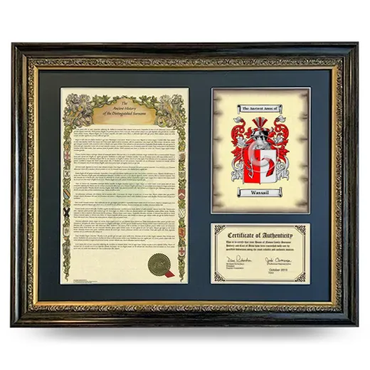 Wassail Framed Surname History and Coat of Arms- Heirloom