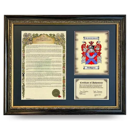 Welington Framed Surname History and Coat of Arms- Heirloom