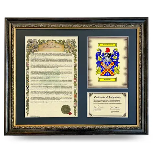 Woddel Framed Surname History and Coat of Arms- Heirloom
