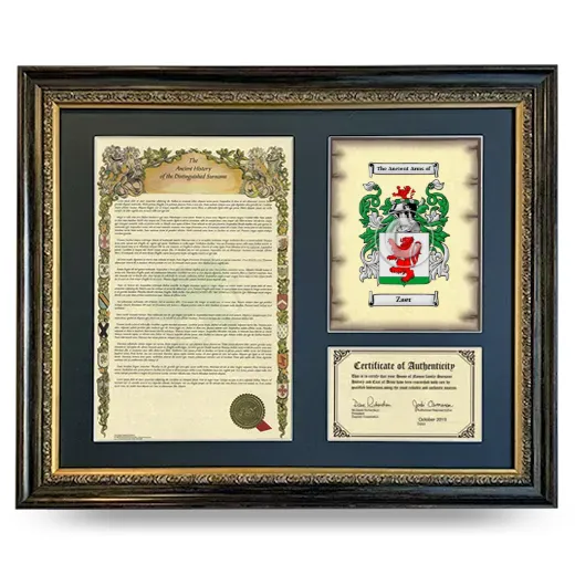 Zaer Framed Surname History and Coat of Arms- Heirloom