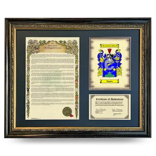 Zagers Framed Surname History and Coat of Arms- Heirloom