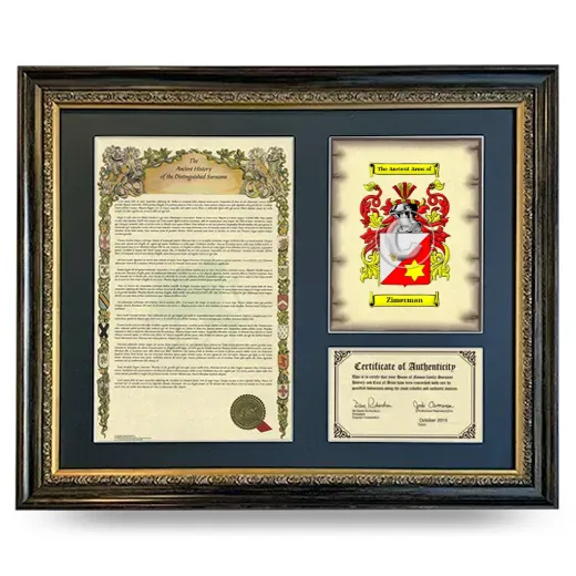 Zimerman Framed Surname History and Coat of Arms- Heirloom
