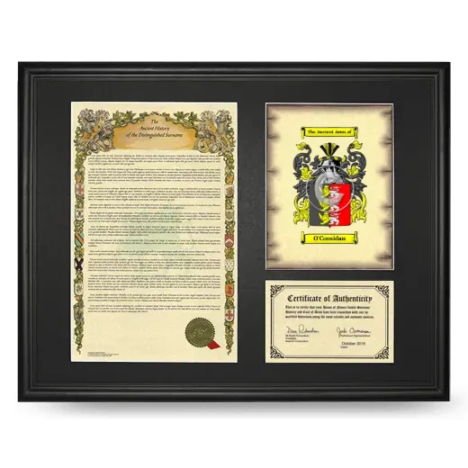 O'Considan Framed Surname History and Coat of Arms - Black