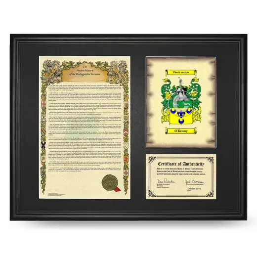 O'Kenny Framed Surname History and Coat of Arms - Black