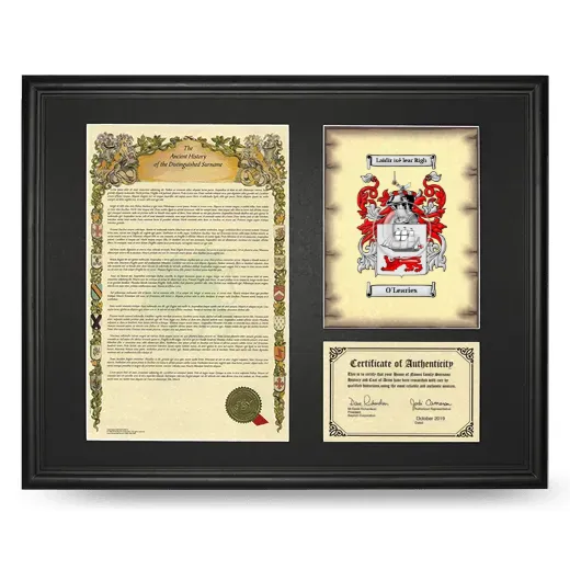 O'Learies Framed Surname History and Coat of Arms - Black