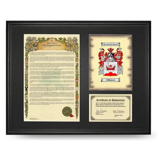 Abbruzze Framed Surname History and Coat of Arms - Black