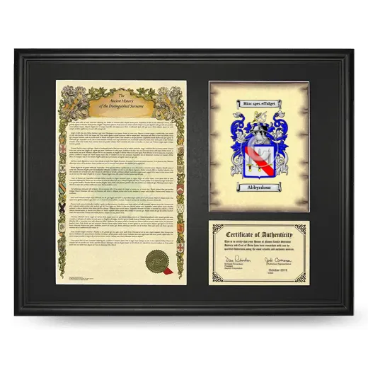 Abbyrdour Framed Surname History and Coat of Arms - Black
