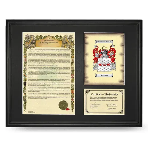 Achume Framed Surname History and Coat of Arms - Black
