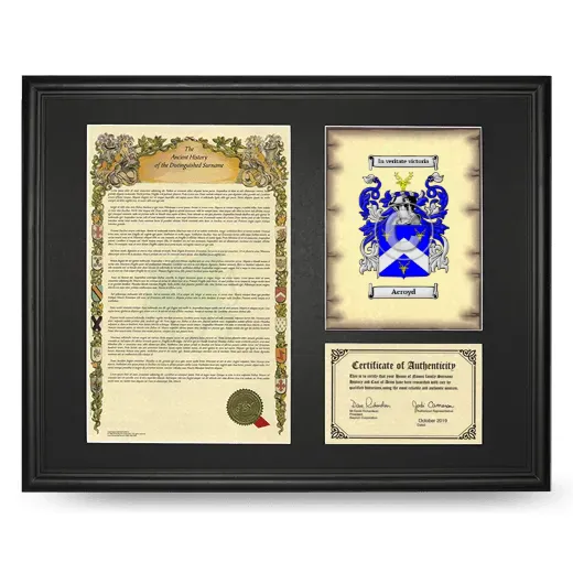 Acroyd Framed Surname History and Coat of Arms - Black