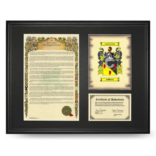 Addares Framed Surname History and Coat of Arms - Black
