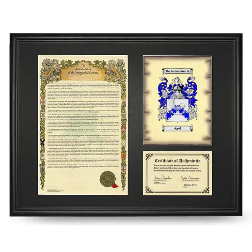Agel Framed Surname History and Coat of Arms - Black