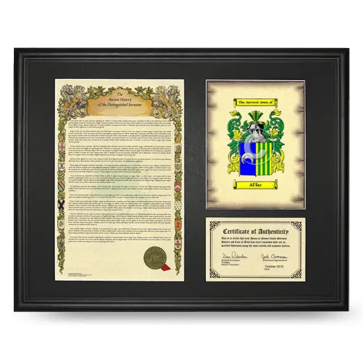 Al'far Framed Surname History and Coat of Arms - Black