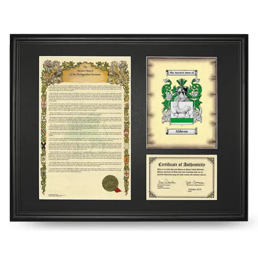 Aldecoa Framed Surname History and Coat of Arms - Black