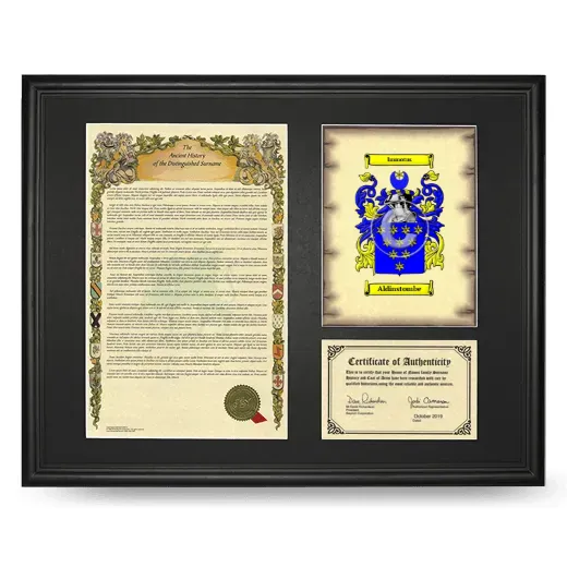 Aldinstombe Framed Surname History and Coat of Arms - Black