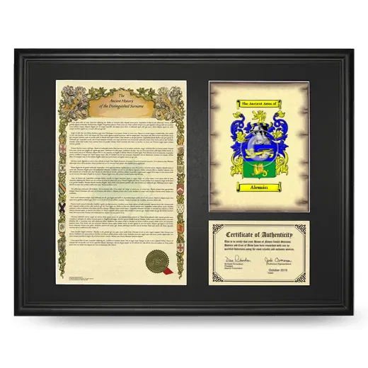 Alemán Framed Surname History and Coat of Arms - Black