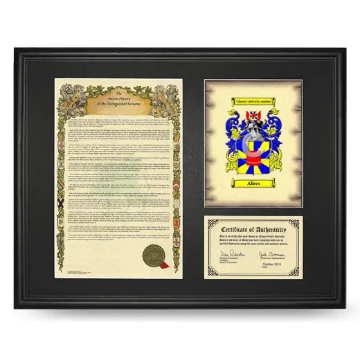 Aliers Framed Surname History and Coat of Arms - Black