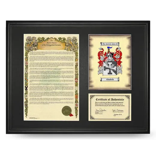 Almitch Framed Surname History and Coat of Arms - Black