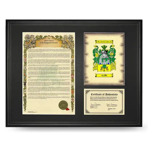 Arcilla Framed Surname History and Coat of Arms - Black