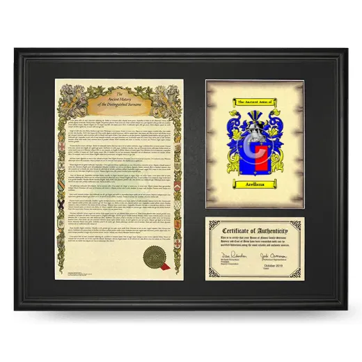 Arellana Framed Surname History and Coat of Arms - Black