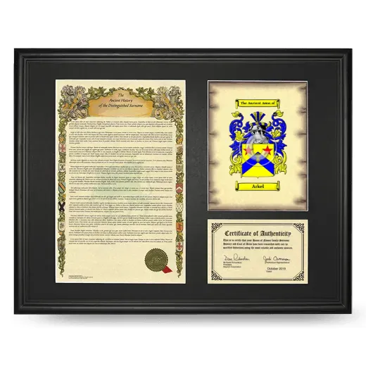 Arkel Framed Surname History and Coat of Arms - Black