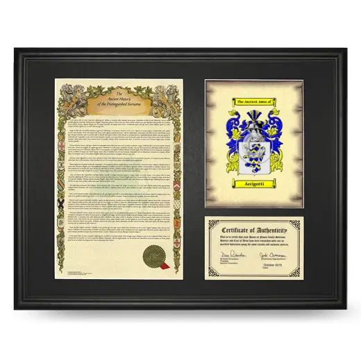 Arrigotti Framed Surname History and Coat of Arms - Black