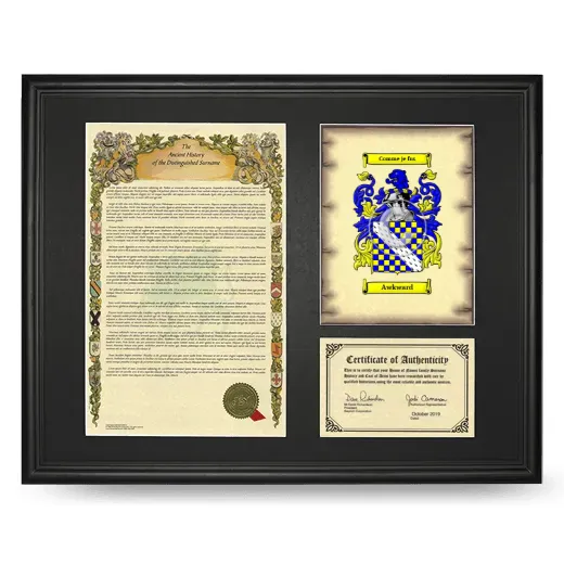 Awkward Framed Surname History and Coat of Arms - Black