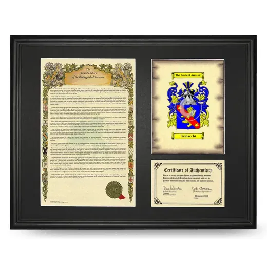 Baldacchi Framed Surname History and Coat of Arms - Black