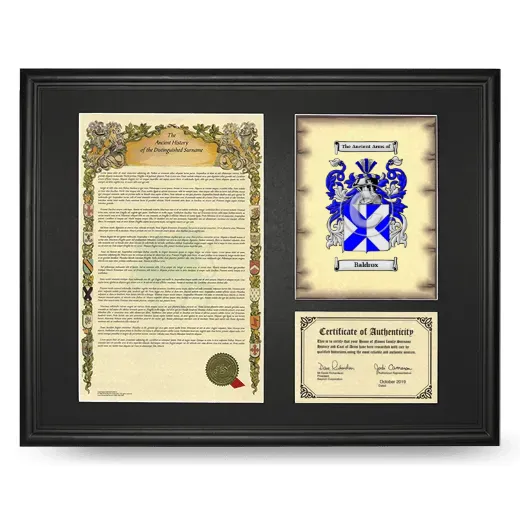 Baldrox Framed Surname History and Coat of Arms - Black