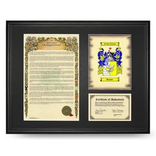 Banner Framed Surname History and Coat of Arms - Black