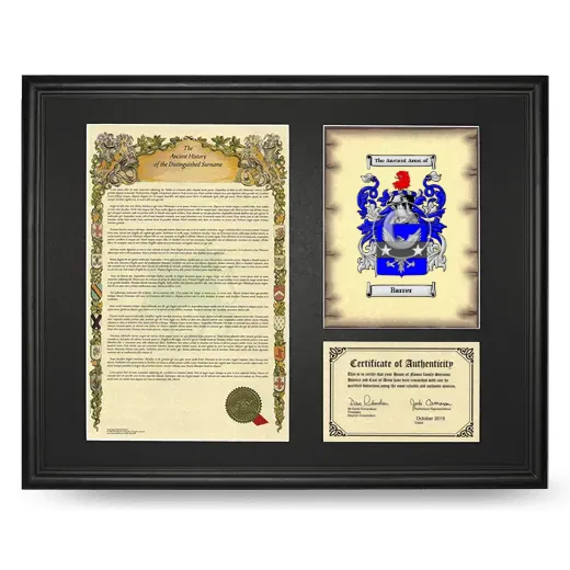 Barrer Framed Surname History and Coat of Arms - Black
