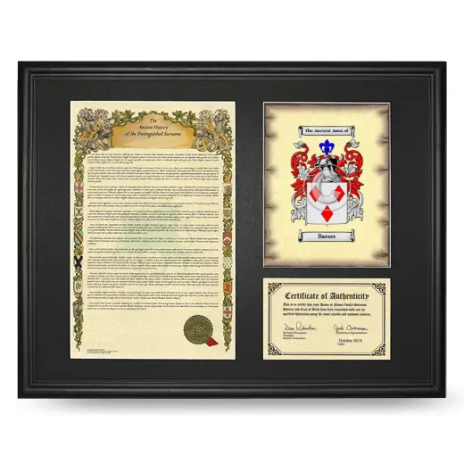 Barser Framed Surname History and Coat of Arms - Black
