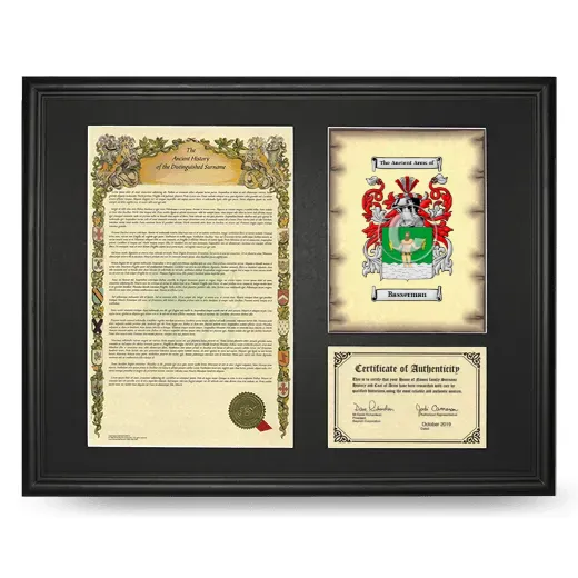 Basserman Framed Surname History and Coat of Arms - Black