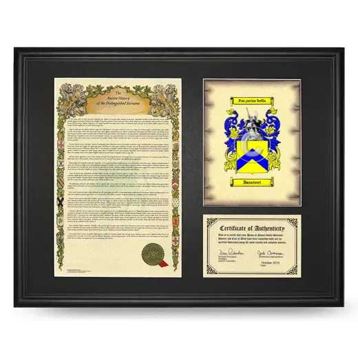 Basstert Framed Surname History and Coat of Arms - Black