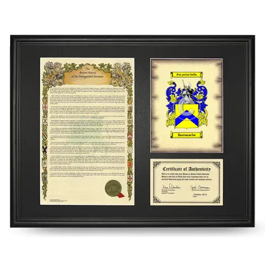 Bastarache Framed Surname History and Coat of Arms - Black