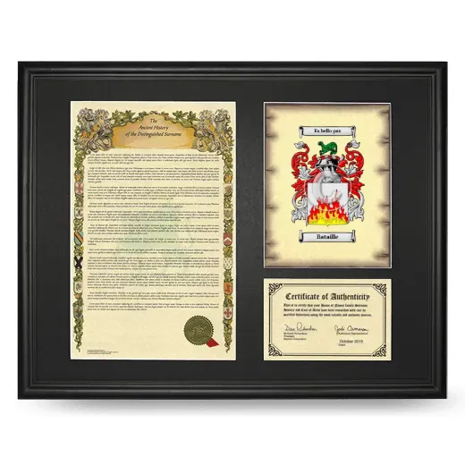 Bataille Framed Surname History and Coat of Arms - Black