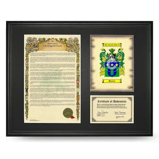 Bauers Framed Surname History and Coat of Arms - Black