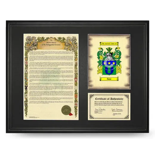 Baur Framed Surname History and Coat of Arms - Black