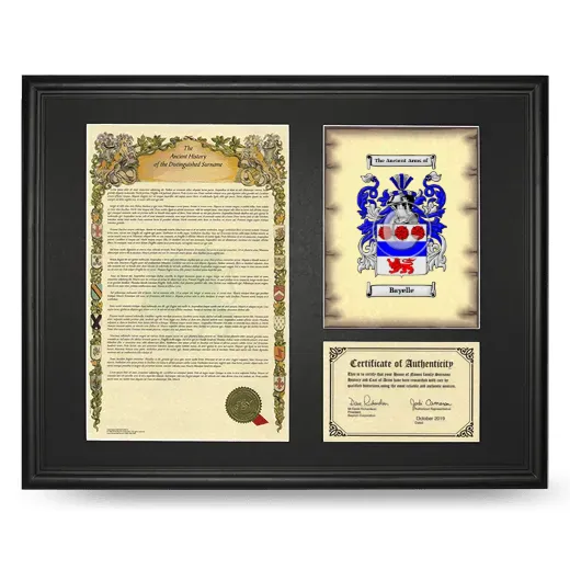 Bayelle Framed Surname History and Coat of Arms - Black