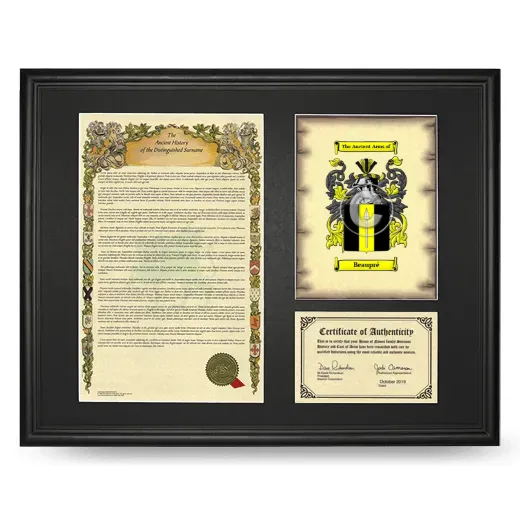 Beaupré Framed Surname History and Coat of Arms - Black