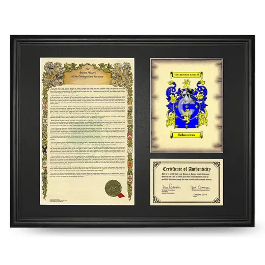 Belmontes Framed Surname History and Coat of Arms - Black