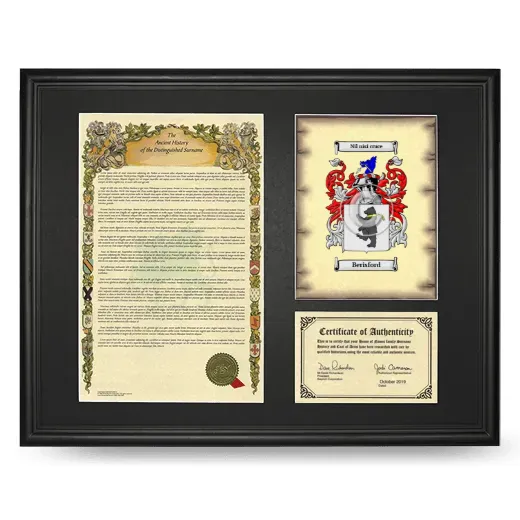 Berisford Framed Surname History and Coat of Arms - Black
