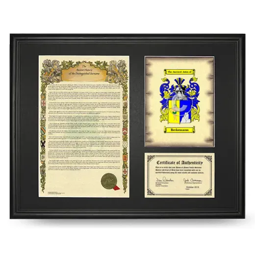Berkemann Framed Surname History and Coat of Arms - Black